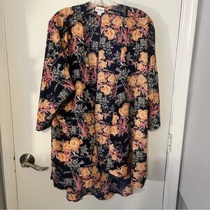 LuLa Roe Kimono Jacket size large navy blue background with orange flowers.